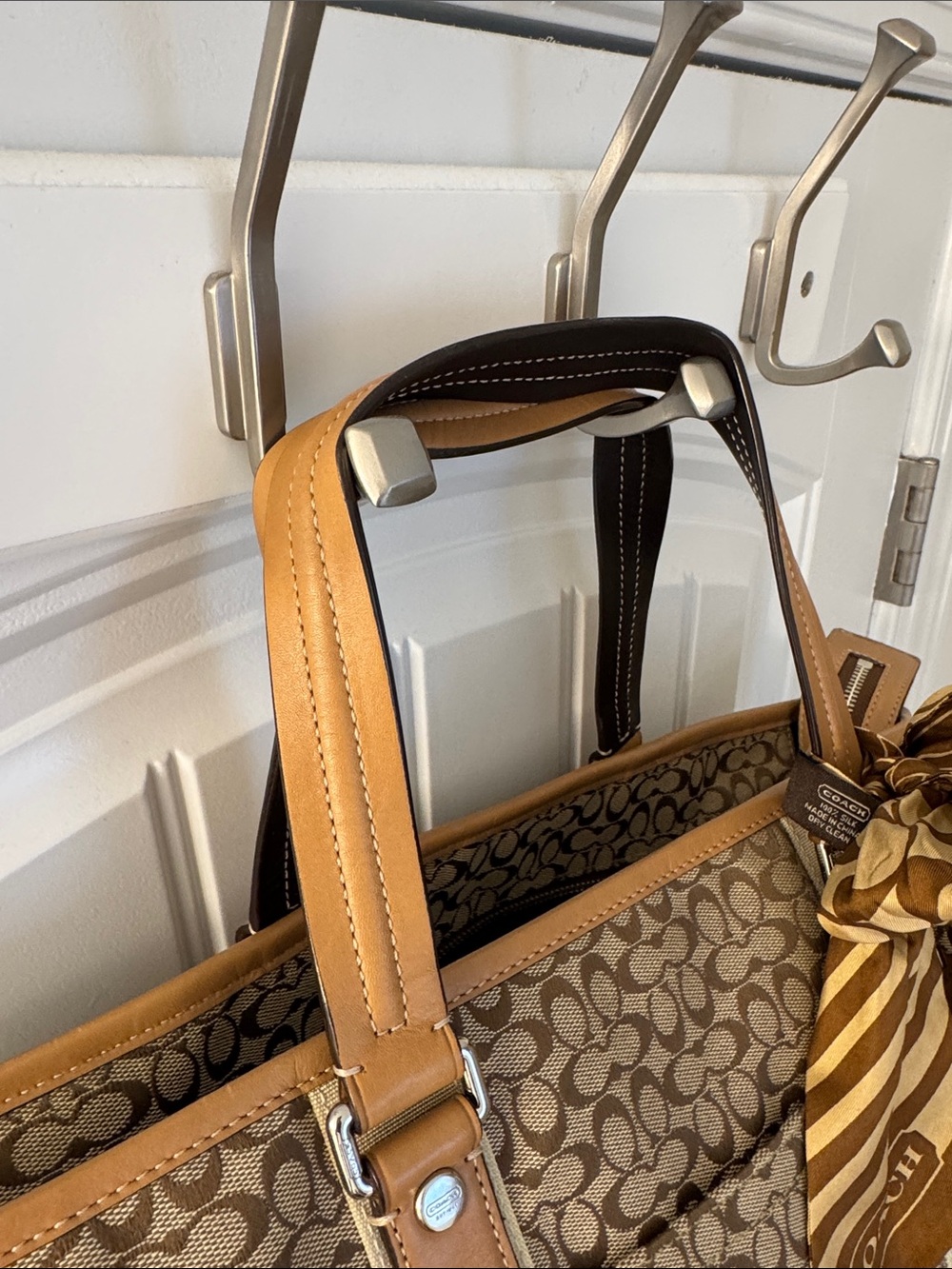 NWOT Coach Monogram Canvas Shoulder Tote with Tan Leather and Gold Stripe Scarf - Picture 4 of 16